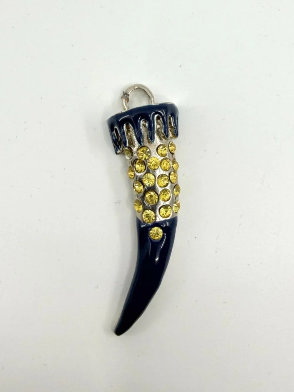 Vintage Navy Blue Enamel & Yellow Crystal Tusk Pendant Statement Charm Classic